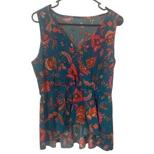 Womens‎ Teal & Pink Floral Sleeveless V-Neck Peplum Top S Beach Resort